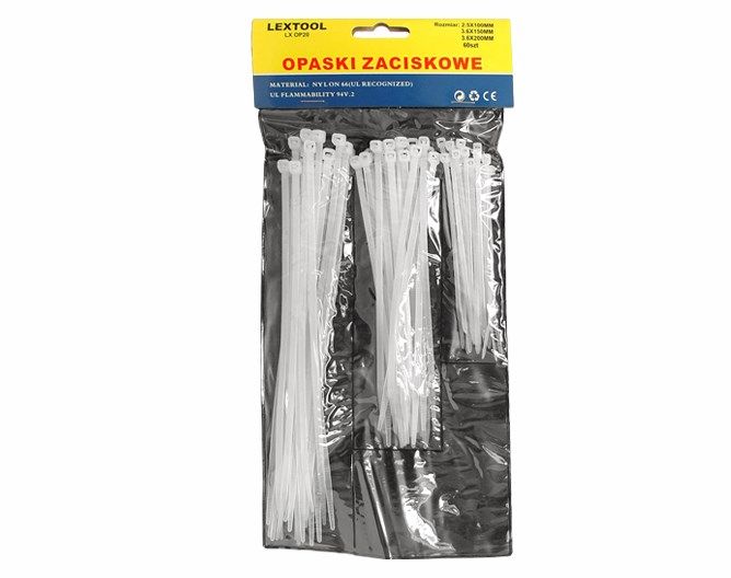 Organizues për kabllo Lextool, shirit kapës, 60 copë, i bardhë
