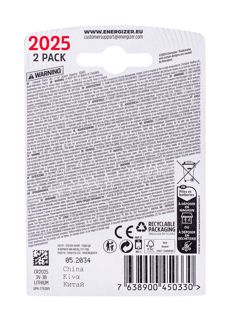 Bateri monedhë Energizer CR2025, litium 3V, 163mAh, paketim 2 copë