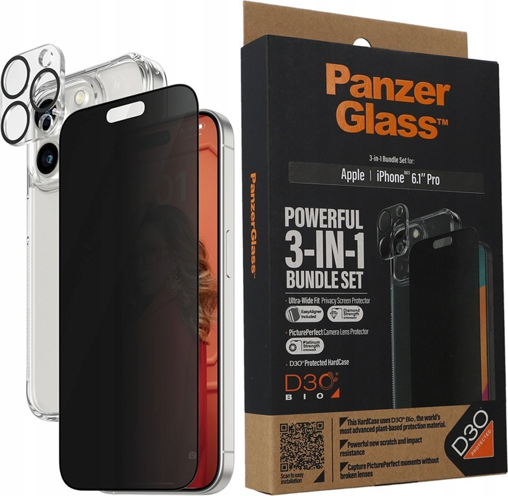 Set mbrojtës PanzerGlass Privacy 3 në 1 për iPhone 15 Pro, xham sigurie, kuti HardCase, i errët