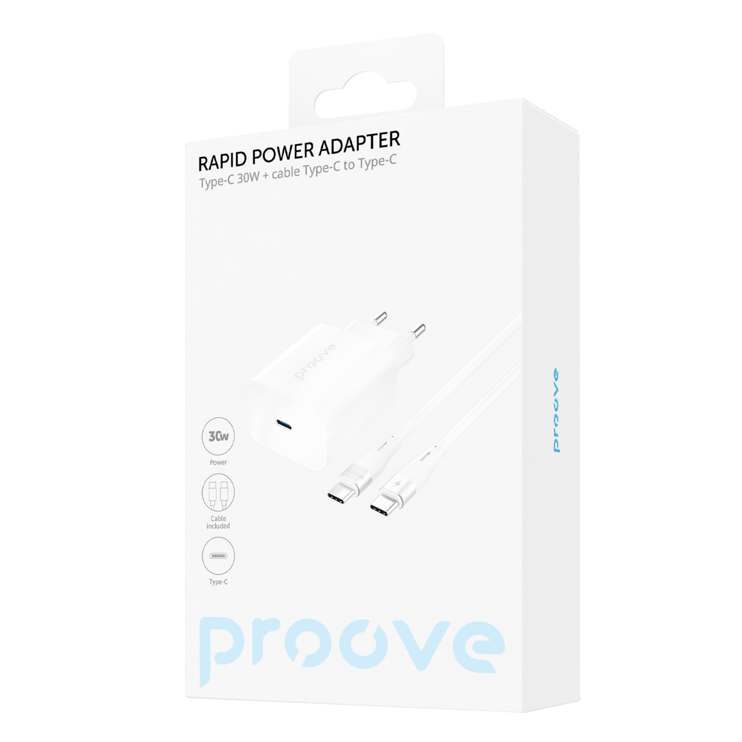 Karikues muri Proove Rapid, 30W, Type-C, me kabllo Type-C në Type-C, e bardhë