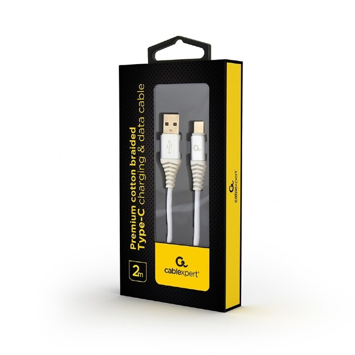 Gembird кабел CABLEXPERT, USB-A до USB-C, M / M, ПРЕМИУМ КВАЛИТЕТ, плетен, 2м, бело / сребро