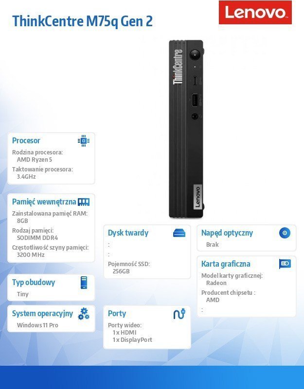 Kompjuter Lenovo ThinkCentre M75q Mini, AMD Ryzen 5 5600GE, 8GB RAM, 256GB SSD, AMD Radeon Graphics, i zi