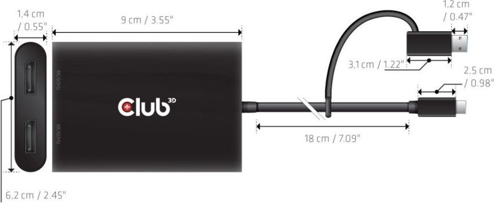 Adapter video Club 3D USB C A në 2x HDMI, 4K, i zi