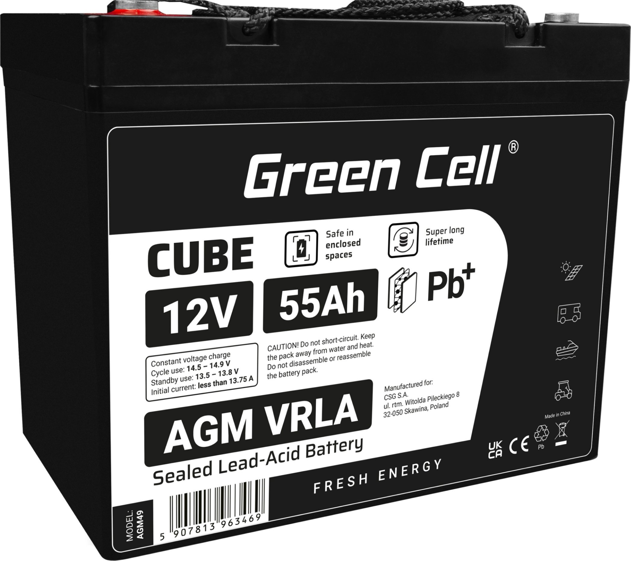 Bateri AGM Greencell 12V 55Ah, VRLA pa mirëmbajtje, IP54, e zezë