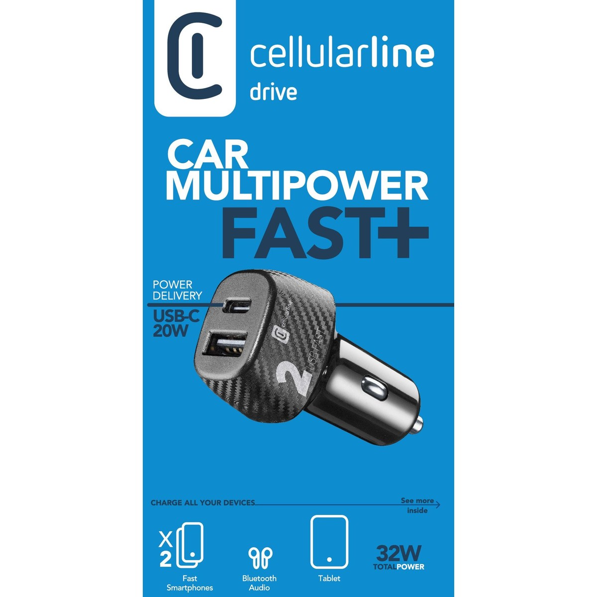 Karikues për veturë Cellularline CBRUSB2PD32WK, 32W 2-PORTE, type-C/ USB-A i zi