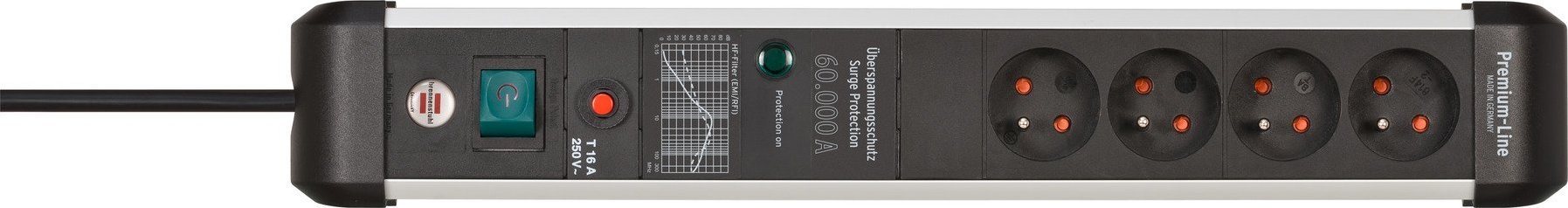 Shirit rryme me mbrojtje Brennenstuhl Premium-Prote, 4 presa, kabllo 3m, ngjyrë alumini