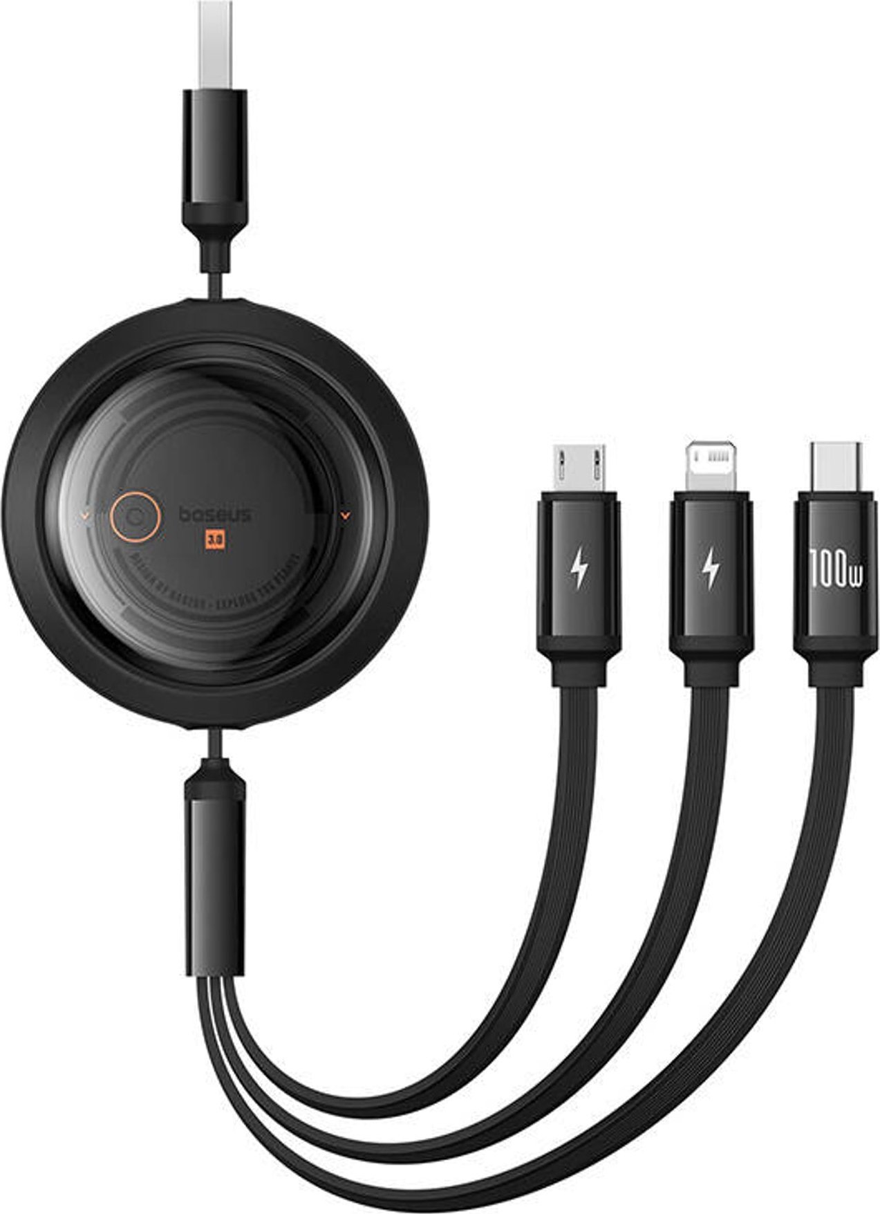 Kabllo karikimi Baseus Free2Draw 3 në 1, USB në USB C Lightning Micro USB, 100W 1.1m, e zezë