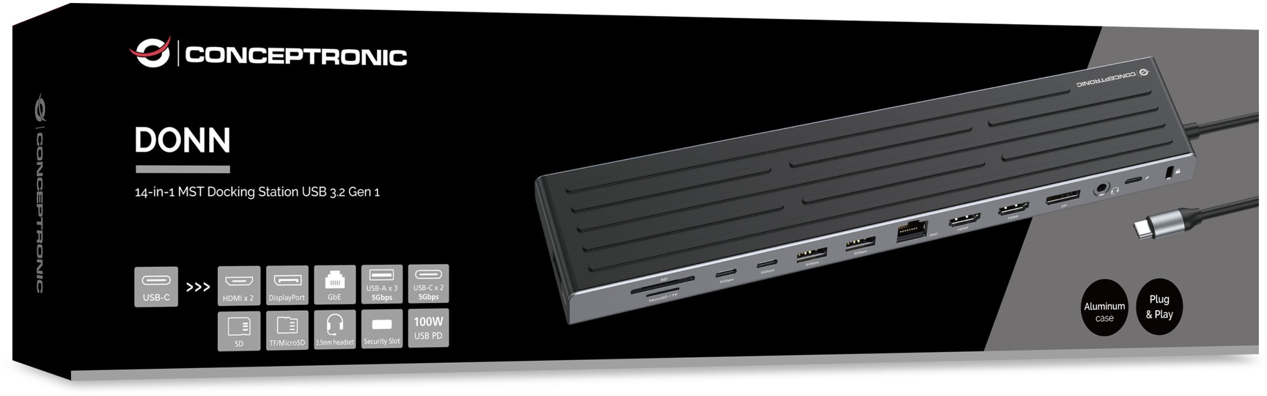 Docking station Conceptronic 14 in 1, USB C, 2x HDMI DP 4K, argjendtë