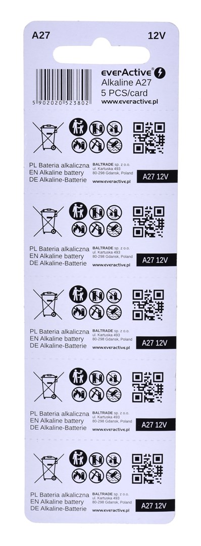 Bateri alkaline EverActive A27, 12V, paketim 5 copë, argjendtë