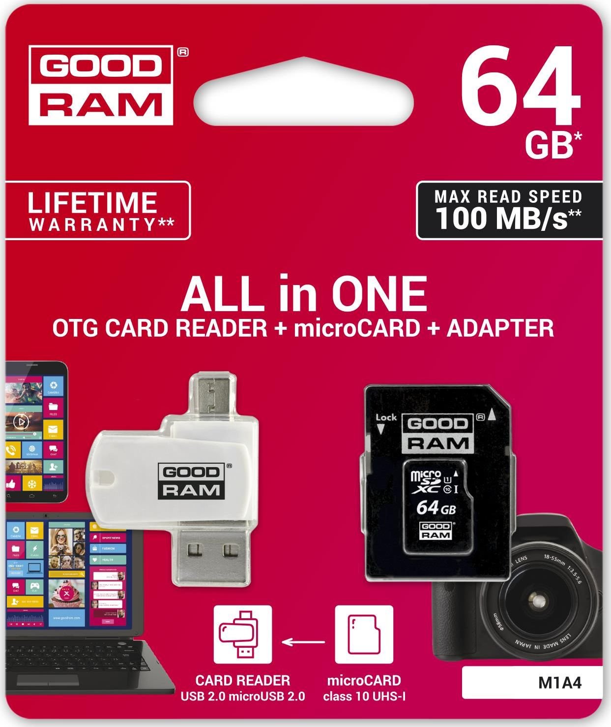 Kartë memorike GoodRam All in One MicroSDXC, 64GB, Class 10 UHS I U1, me adapter