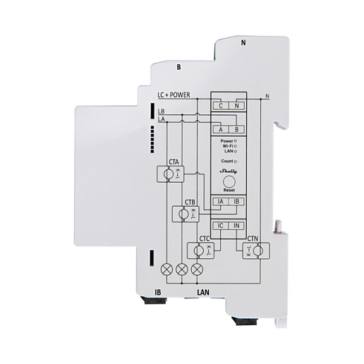 Shelly Pro 3EM 120A Matës energjie elektrik 3-fazor, për montim në DIN rail, me Wi-Fi / LAN / Bluetooth