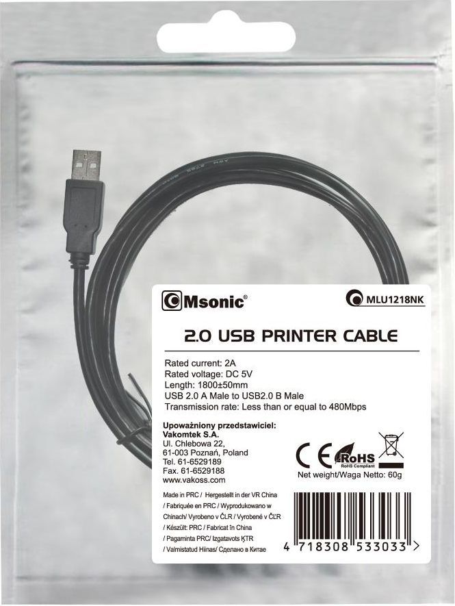 Kabllo USB Msonic (MLU1218NK), USB-A në USB-A, 1.8 m, e zezë