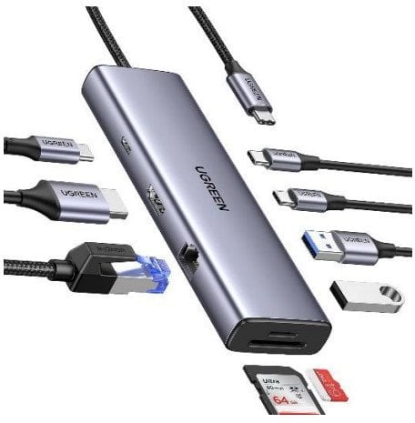 USB Ц хаб Ugreen 15375, HDMI 4K, RJ45 Гигабит, сив