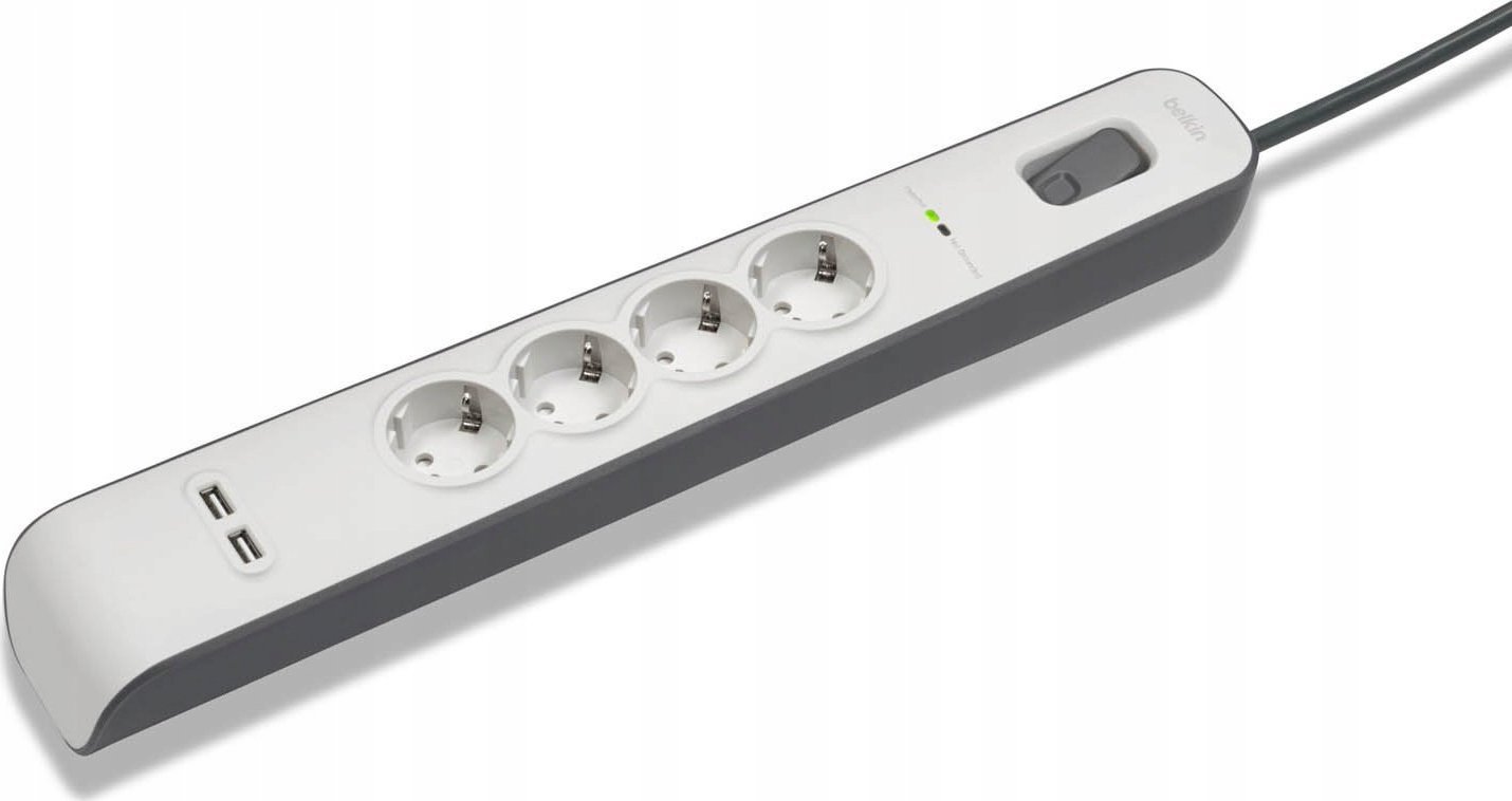 Prizëfiks Belkin Surge Protection, 4 dalje, USB, kabllo 2m, e bardhë