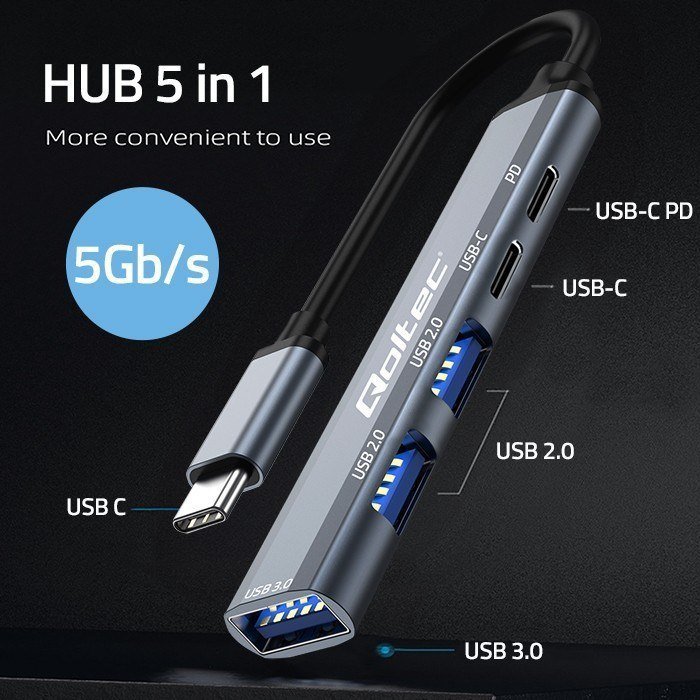 USB HUB Qoltec 5in1, USB C 3.1, PD, gri