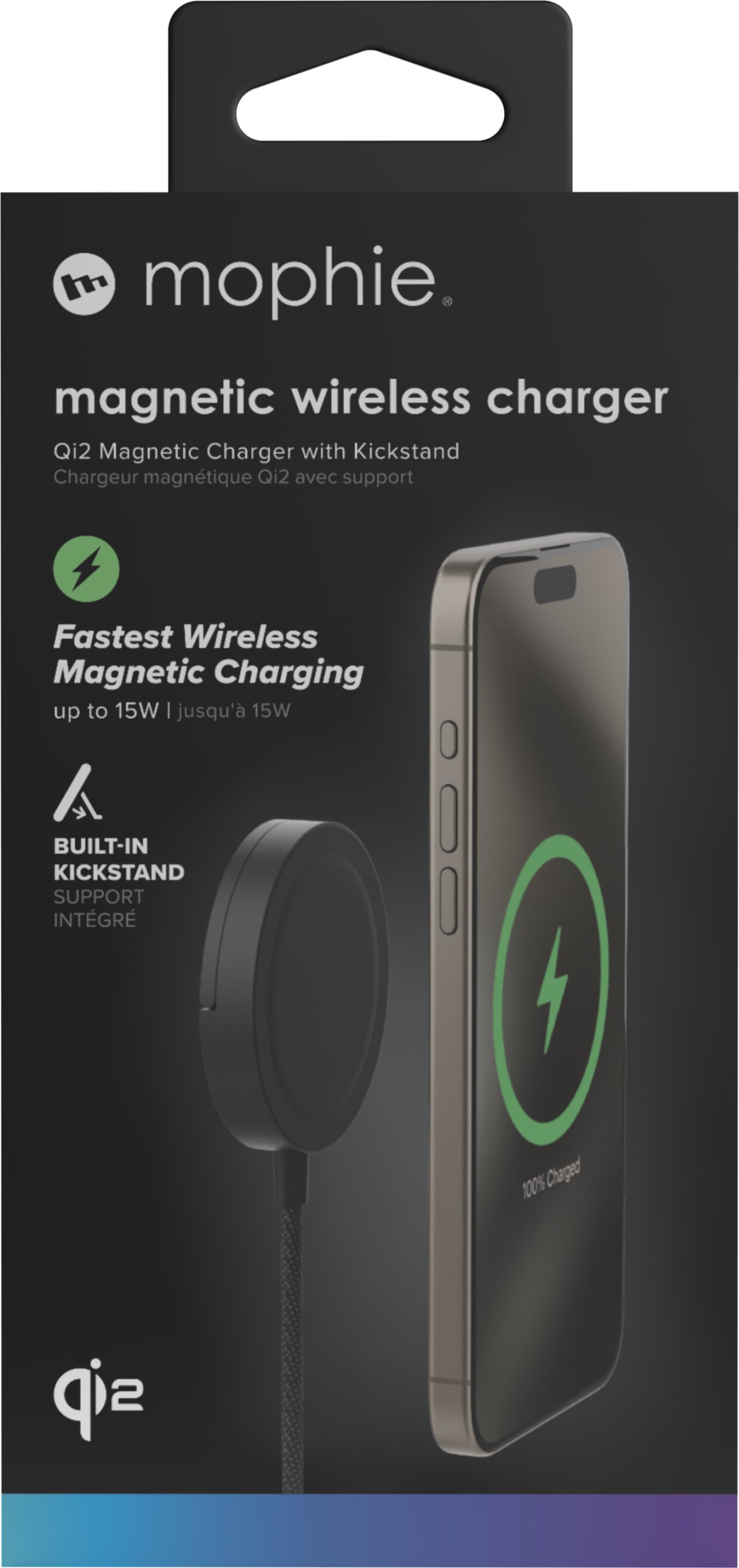 Karikues wireless Mophie Qi2 me magnet dhe mbajtëse, 15W, i zi
