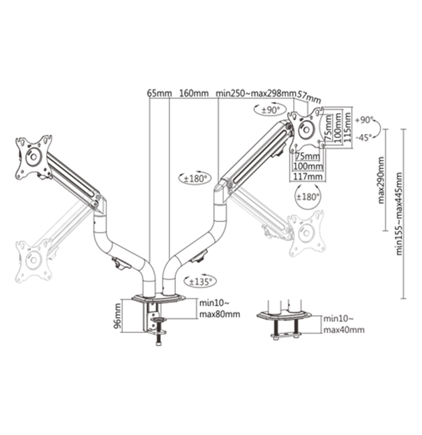 Krah montimi për monitor Gembird MA-DA2-02, 17"-32", deri 8 kg, i zi
