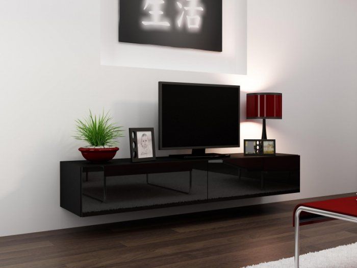 Komodë TV Vigo 180, 30x180x40 cm, MDF dhe punim druri, e zezë