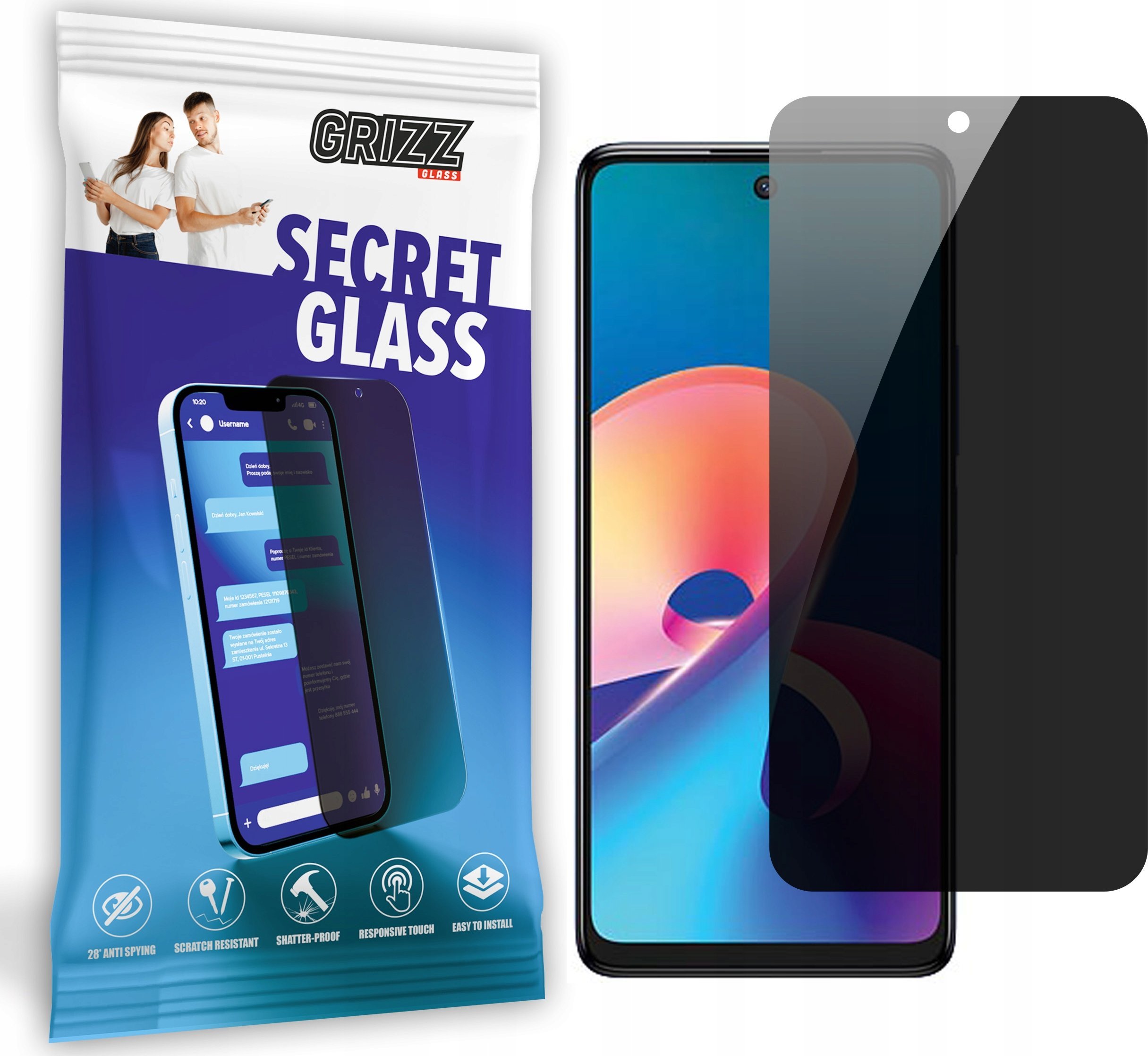 Xham mbrojtës privatësie Grizz SecretGlass për TCL 50 XE, xham i plotë, i zi