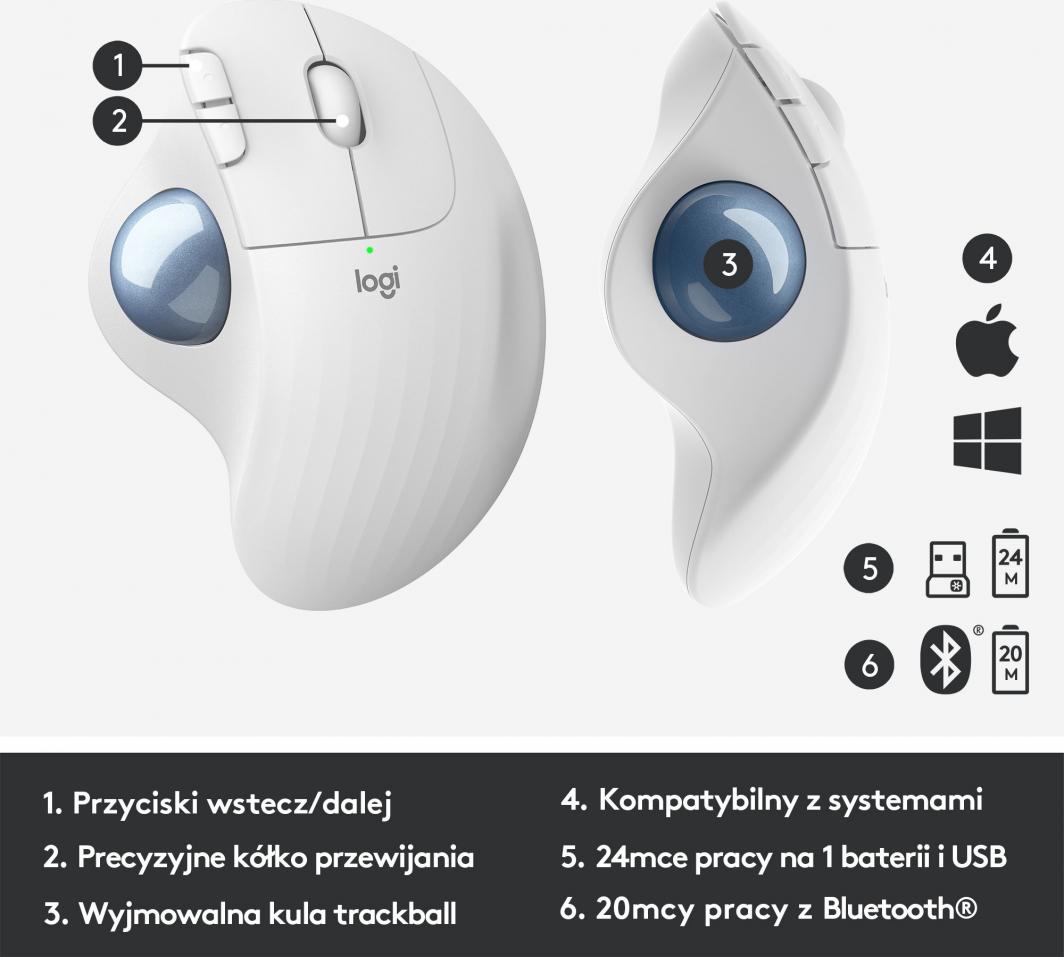 Maus Logitech ERGO, wireless, Bluetooth, USB, i bardhë
