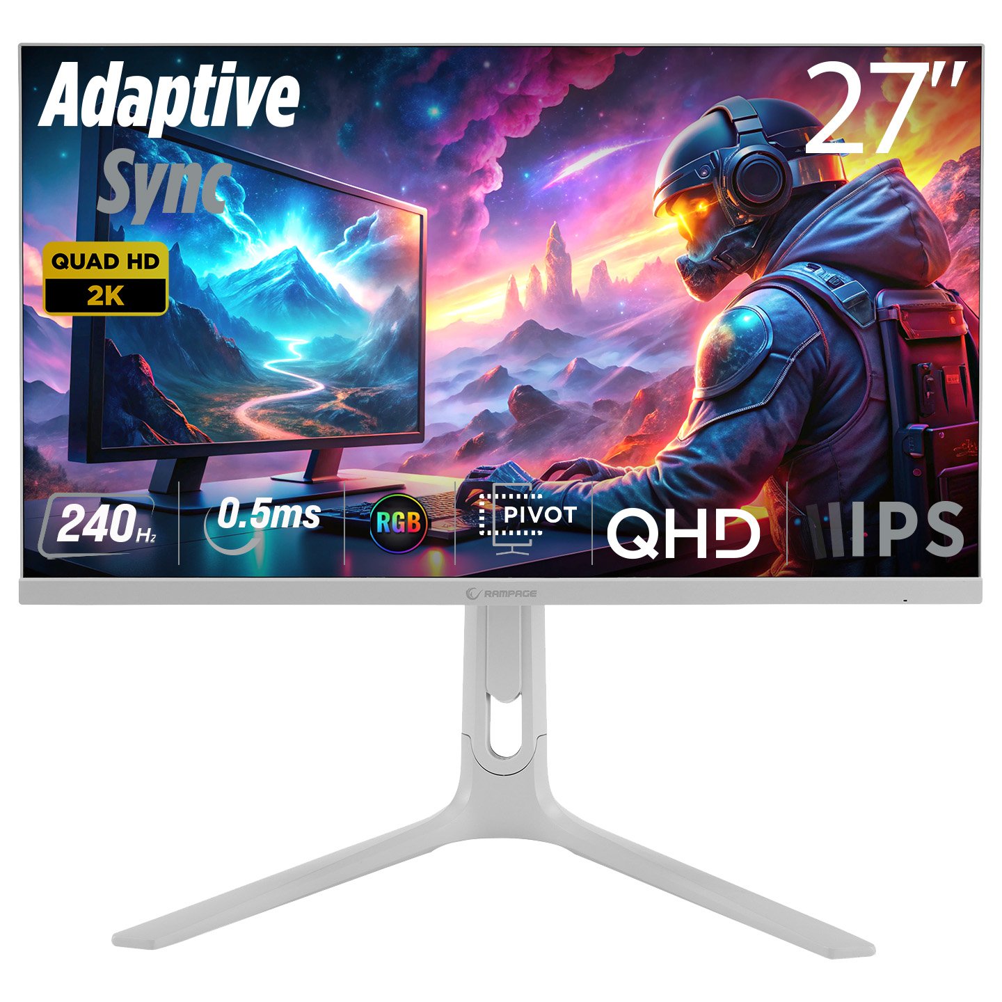 Monitor Gaming Rampage ELLIPSE EL27R240Q – 27″ QHD 2K, 240Hz, 0.5ms, IPS, Pivot, RGB – I Bardhë