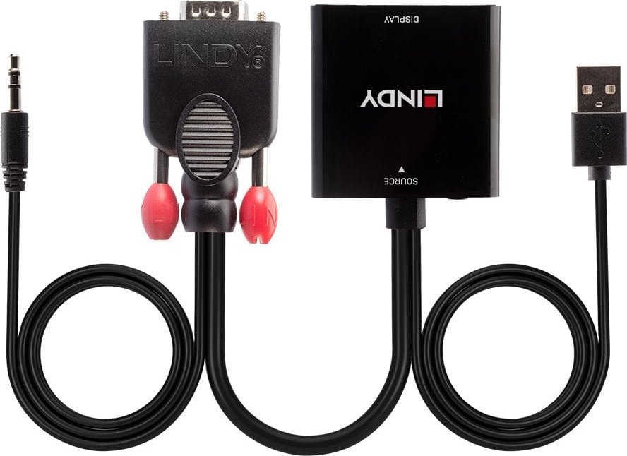 Konvertues video Lindy VGA në HDMI, audio stereo, Full HD 1080p, i zi