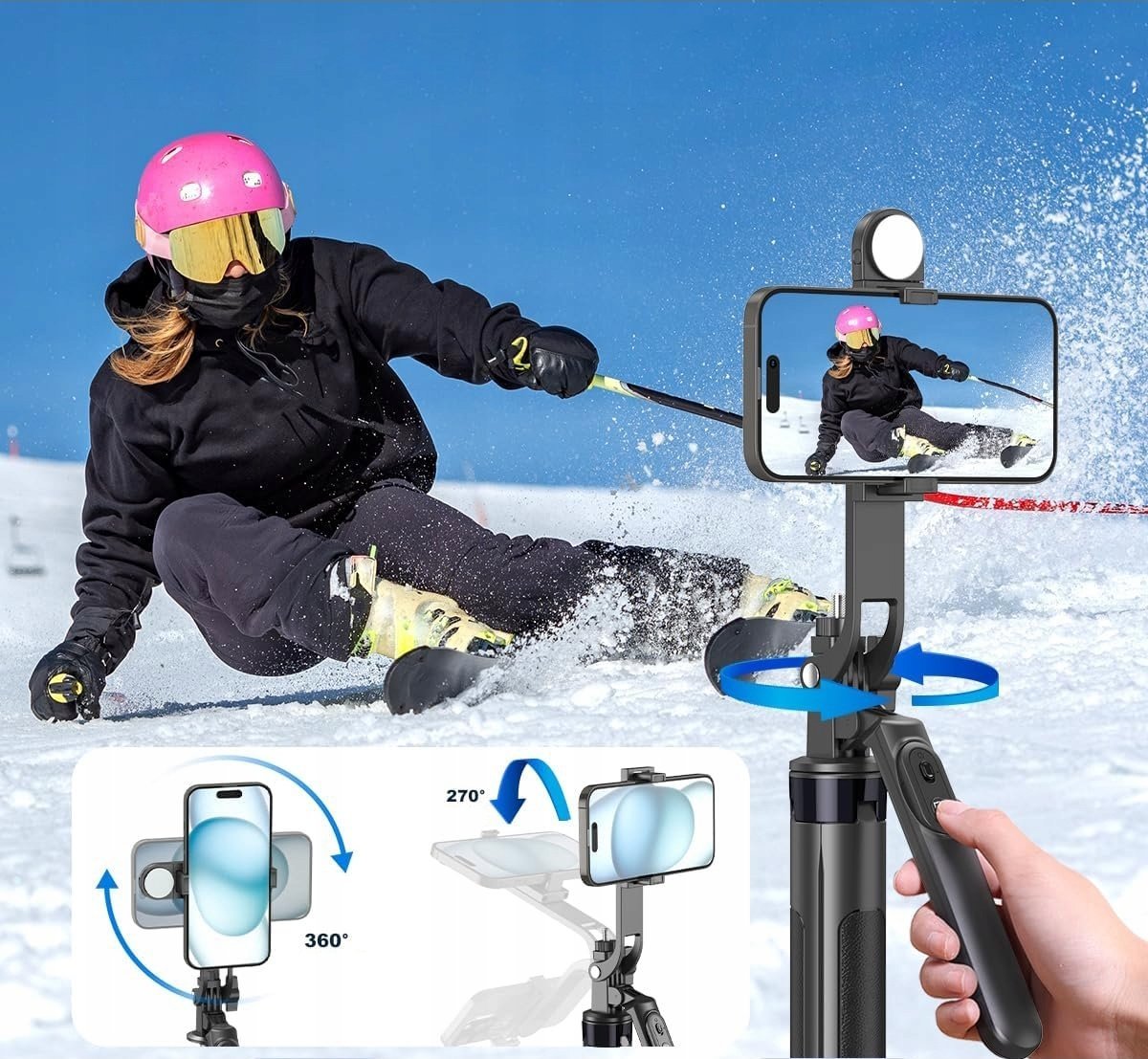 Selfie stick dhe tripod WH181D Y1S, 1.75 m, drita LED dyshe, i zi