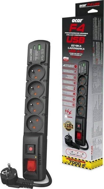 Prizë zgjatuese Acar F4 W2441, 4 dalje, kabllo 5 m, e zezë