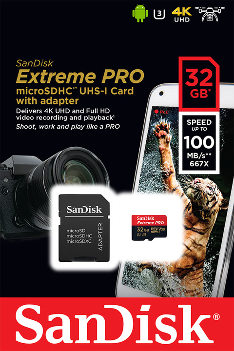 Kartë memorie SanDisk Micro SDHC Extreme Pro 32GB 100MB/s UHS-I U3 V30 + SD 