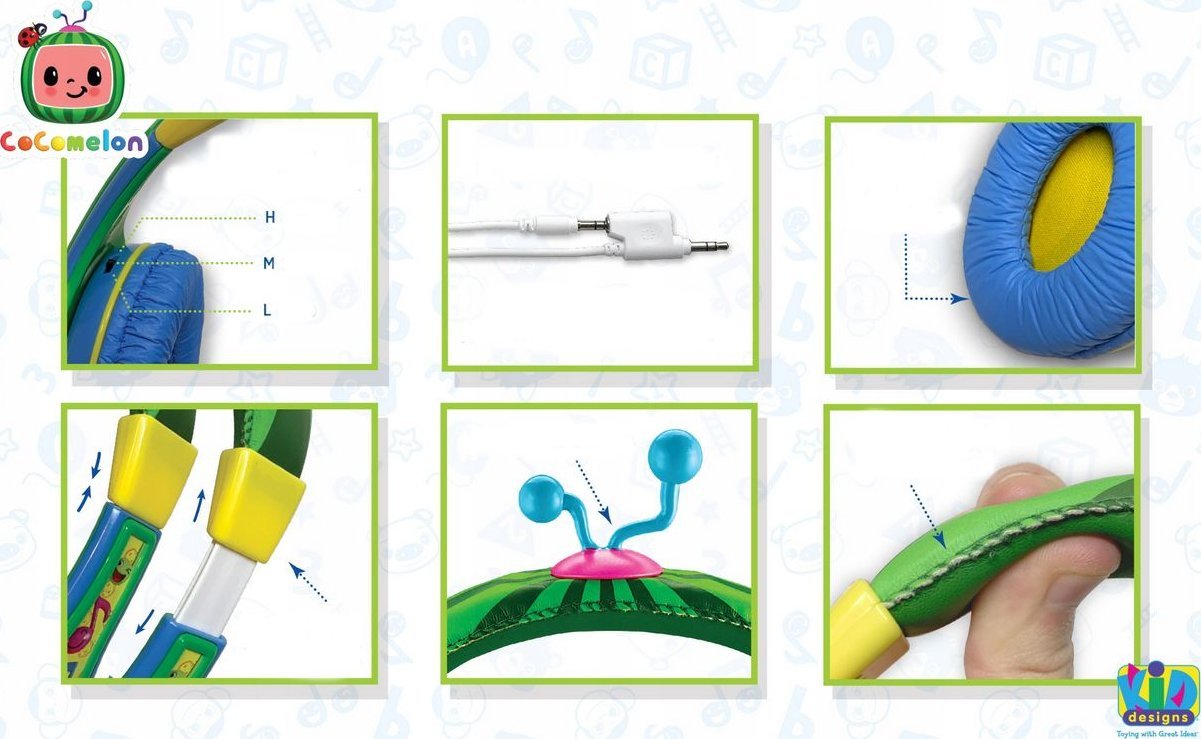 Kufje me kabllo EKids Cocomelon, për fëmijë, me share port, shumëngjyrëshe