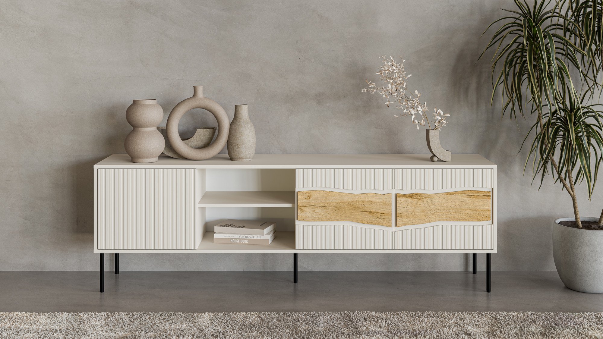 Kabinet TV Cama Meble FELLINI 3D1W, 190x40x61.5 cm, me LED, ngjyrë cashmere