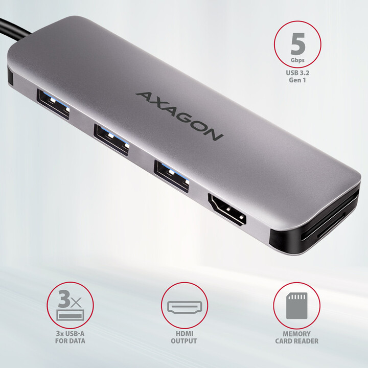 Hub shumëfunksional AXAGON HUB 6në1 USB 3.2 Gen 1, 3x USB-A, HDMI, SD/microSD, PD 100W, kabllo USB-C 20cm