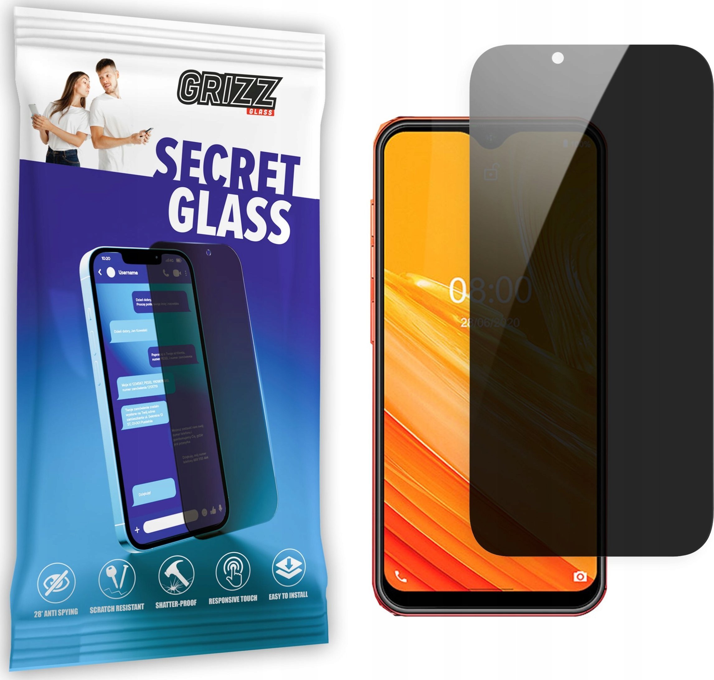 Xham privatësie për telefon Ulefone Note 8 Grizz SecretGlass, mbrojtës ekrani, transparent
