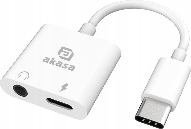 Adapter USB C në 3.5mm Akasa, audio dhe karikim njëkohësisht, 15W, i bardhë