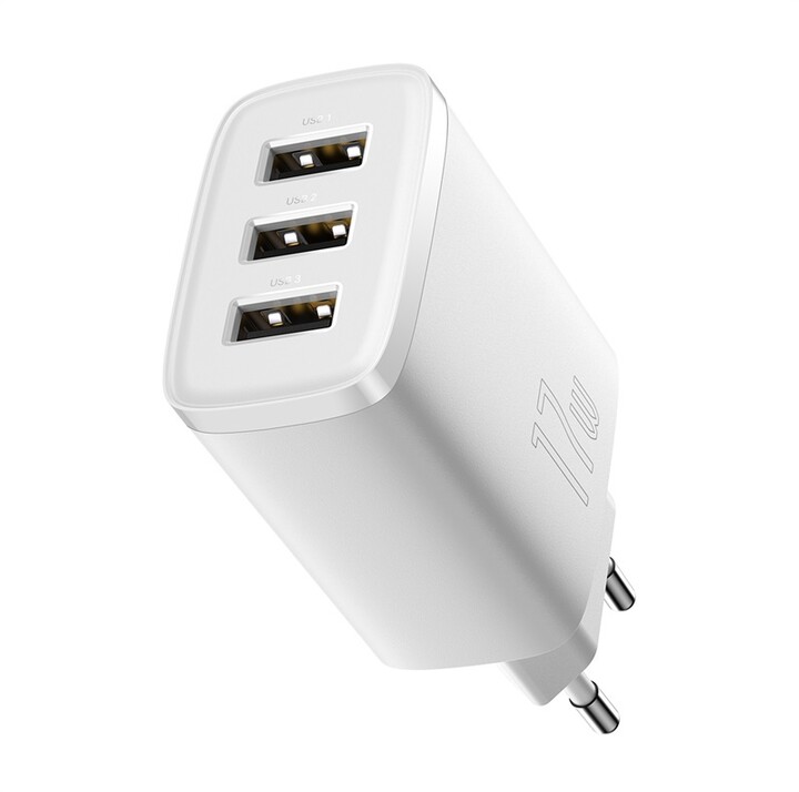 Karikues Baseus, 3xUSB-A, 17W, i bardhë