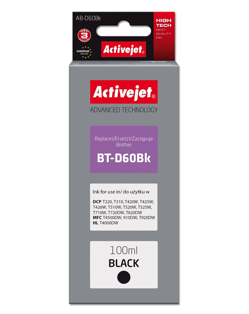 Ngjyrë Activejet AB-D60Bk, zëvendësuese për Brother BT-D60Bk, 100ml, e zezë