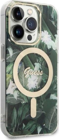 Set karikuesi me kuti Guess GUBPP14XHJEACSA, për iPhone 14 Pro Max, MagSafe, jeshile Jungle