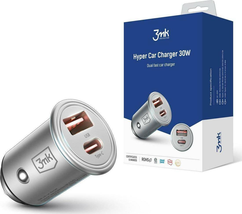 Karikues makine 3MK Hyper Car Charger, 30W, 2 porta USB USB C, argjendtë
