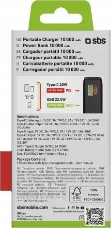 Powerbank SBS PD LCD, 20000mAh, 20W, me kabllo USB C, i zi