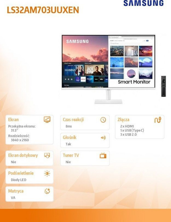 Monitor Samsung, 32 ", 3840 x 2160 (UHD 4K), i bardhë