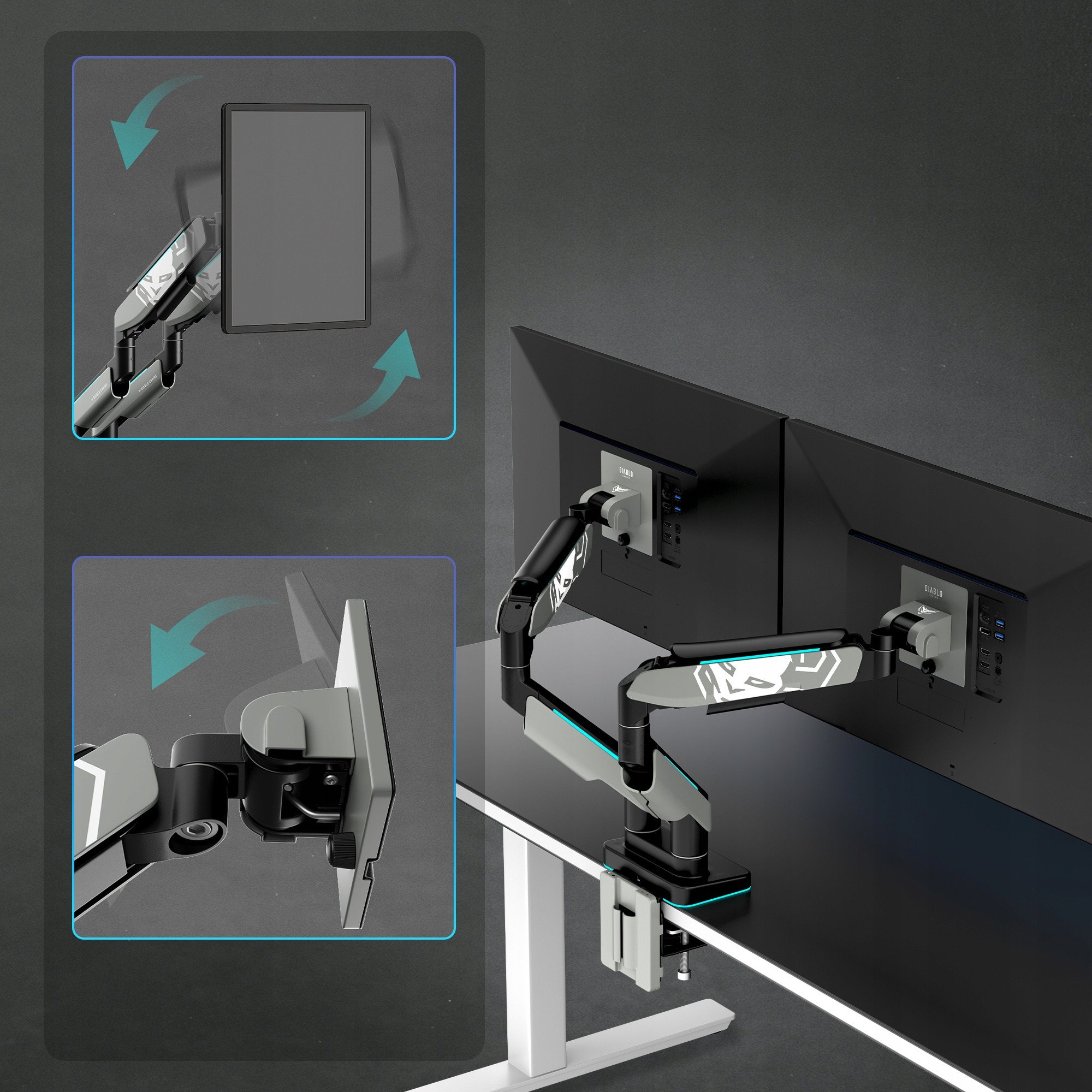Држач за два монитори Diablo Chairs RGB X-Arm Dual, до 35\", RGB осветлување, сива и црна