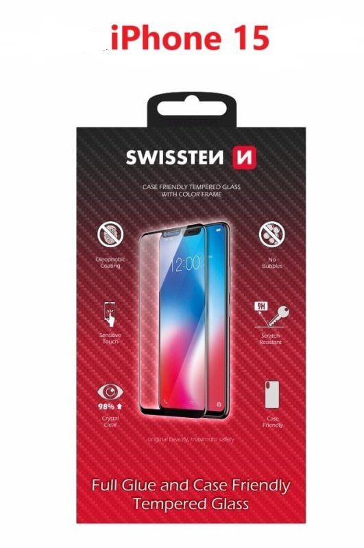 Xham mbrojtës Swissten 3D Full Glue për Apple iPhone 15 Plus, plotësisht ngjitës, i zi