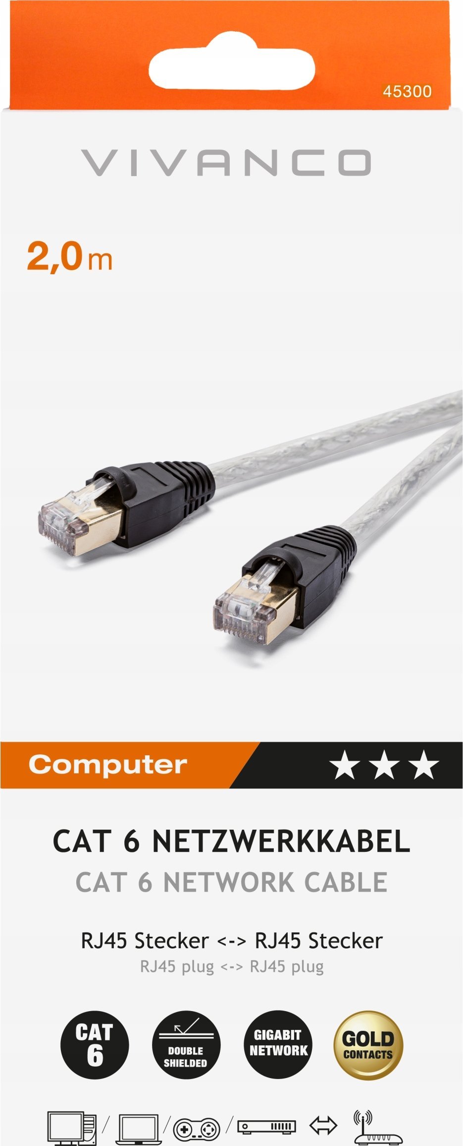 Kabllo rrjeti Vivanco RJ45 CAT 6 S/FTP, 2 m, kontakte me ar, transparente