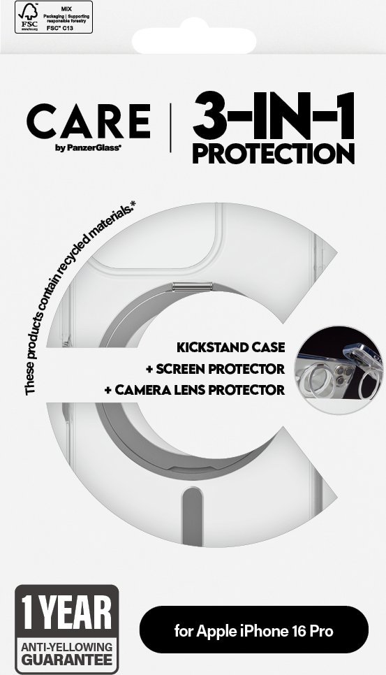 Set mbrojtës CARE by PanzerGlass për iPhone 16 Pro, Ceramic Glass, këllëf me kickstand, mbrojtës kamere, transparent