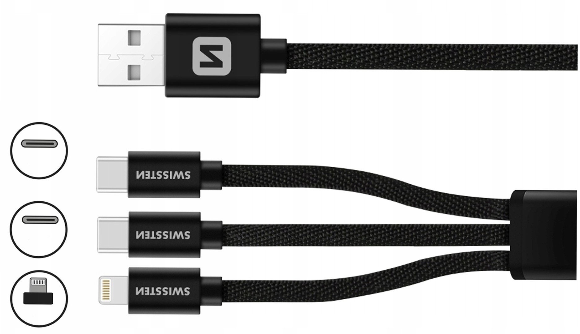 Kabllo karikimi Swissten Textile 3in1, 1.2m, USB A në USB C dhe Lightning, e zezë