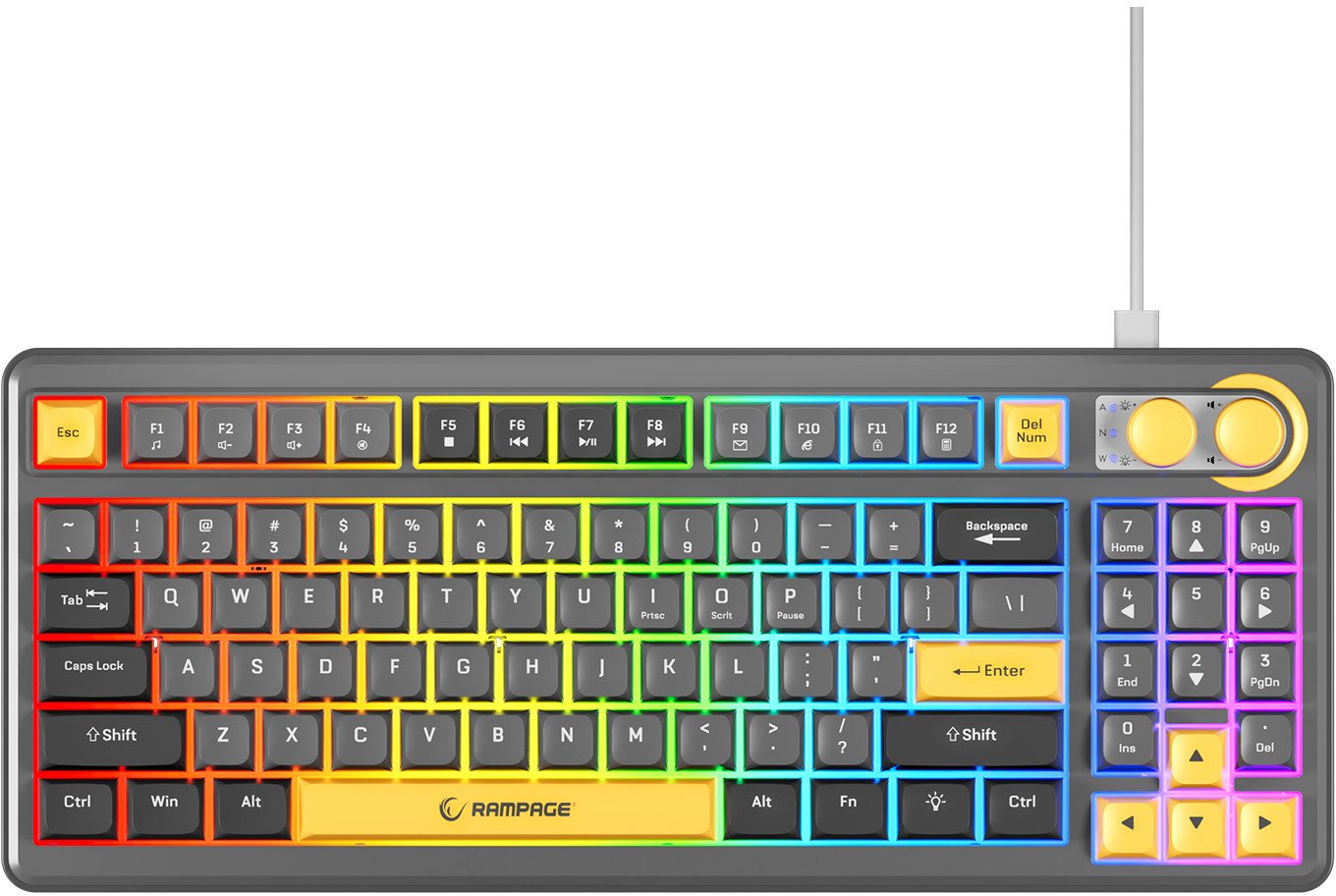 Tastierë gaming Rampage CYCLONE, USB, RGB, membranë, gri e zezë me të verdhë