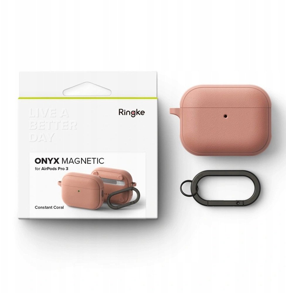 Mbështjellës Ringke Onyx Magnetic MagSafe për Apple AirPods Pro 3, TPU, me karabinë, ngjyrë korale