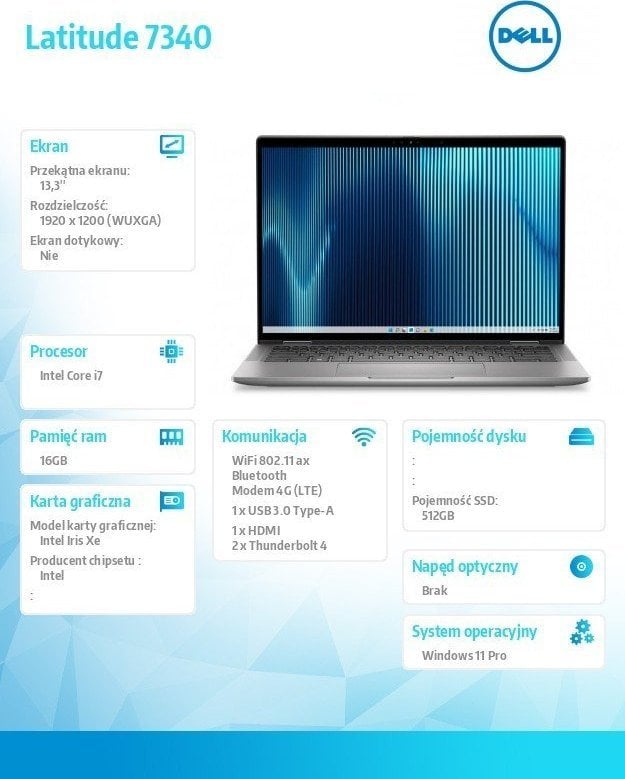 Laptop Dell Latitude 7340, 13.3", Intel Core i7-1365U, 16GB RAM, 512GB SSD