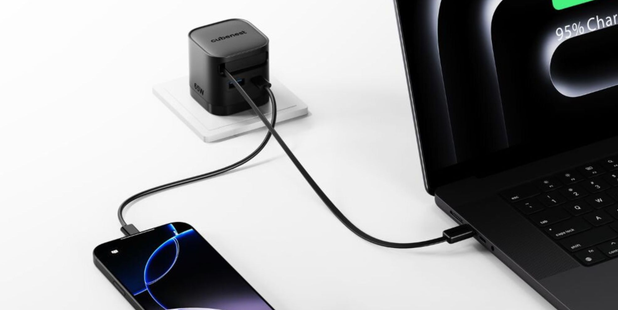 Полнач Cubenest S3D2 PD GaN, 65W, со USB C кабел, црн