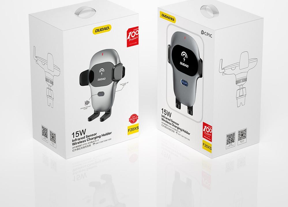 Mbajtëse telefoni për makinë Dudao F20xs, karikues wireless Qi 15W, gri